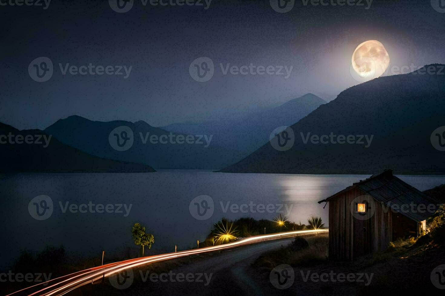 un' pieno Luna brilla al di sopra di un' lago e un' cabina. ai-generato foto