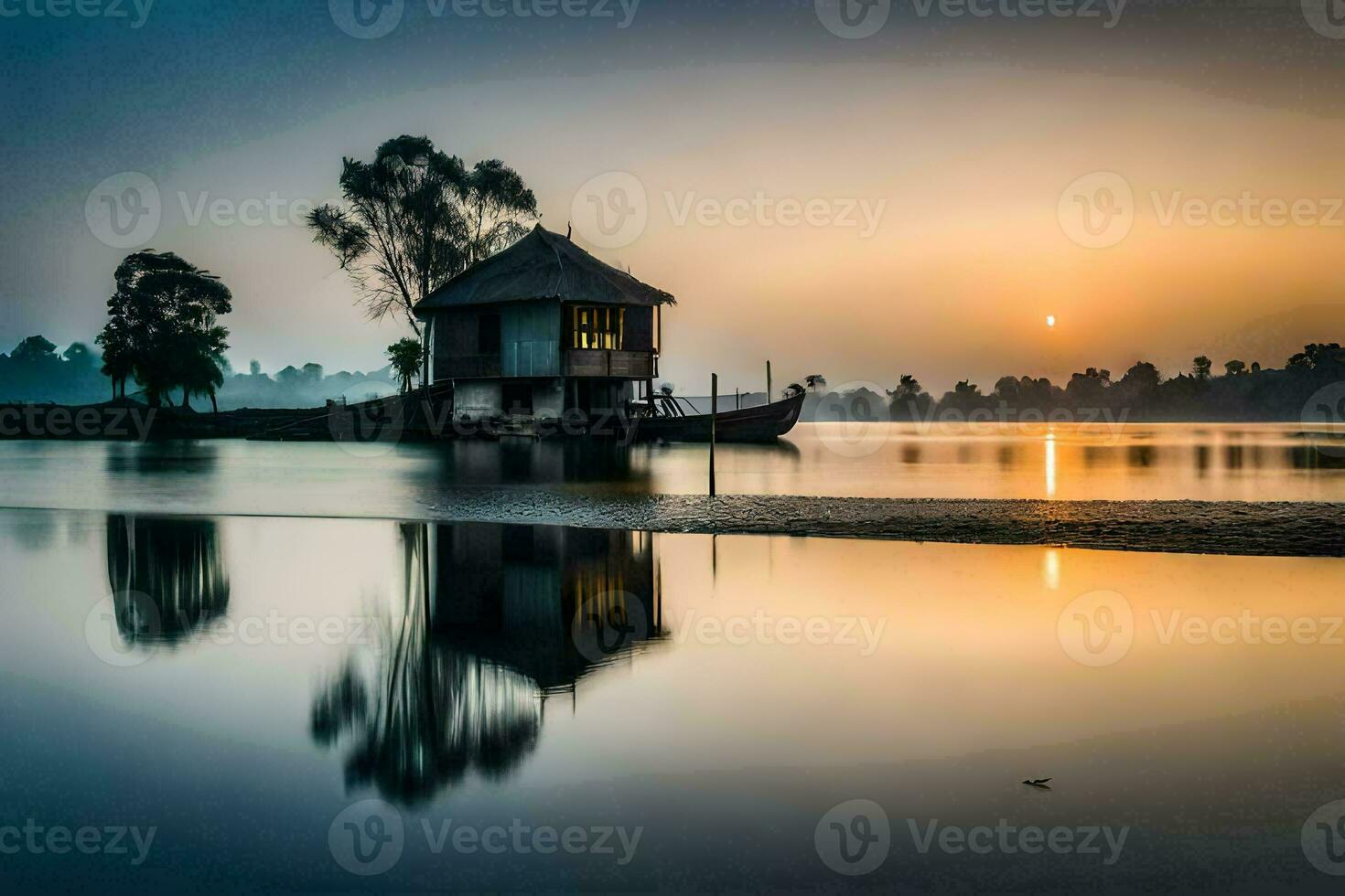 un' Casa su il acqua a tramonto. ai-generato foto