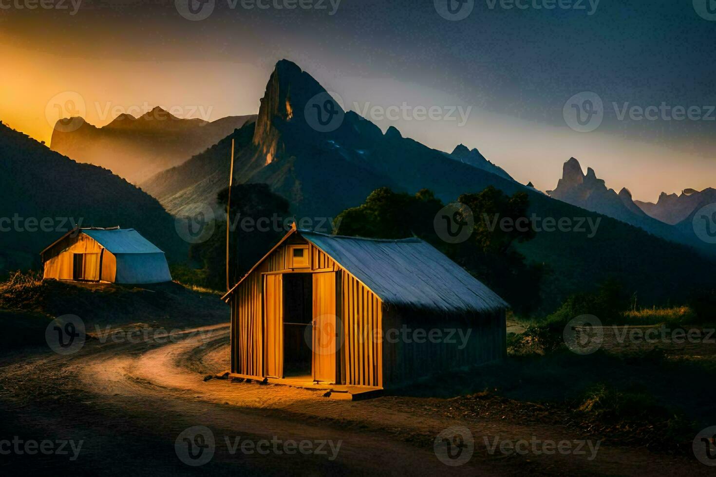 il sole imposta al di sopra di il montagne nel il sfondo. ai-generato foto