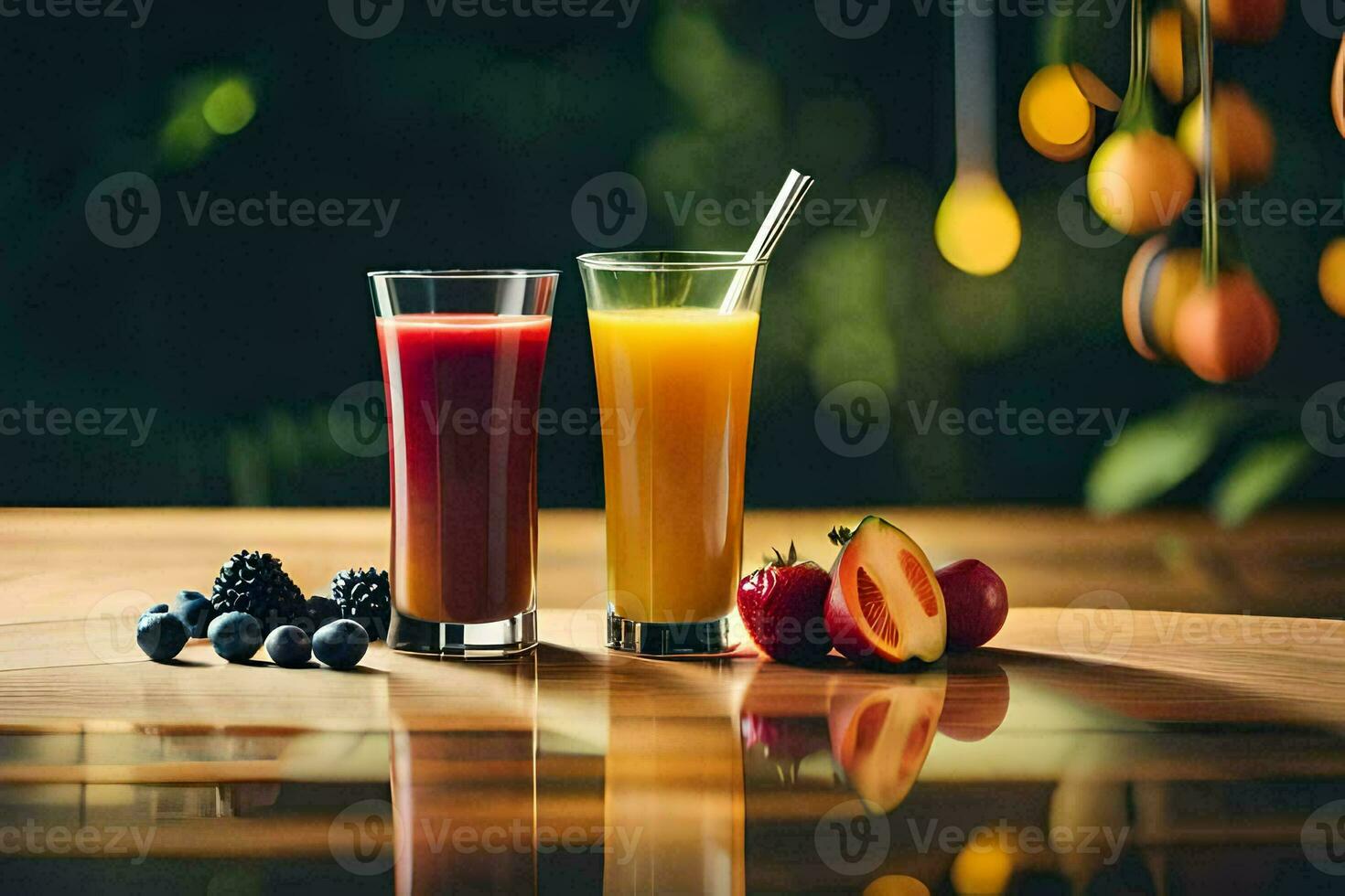 Due bicchieri di succo con frutta su un' tavolo. ai-generato foto