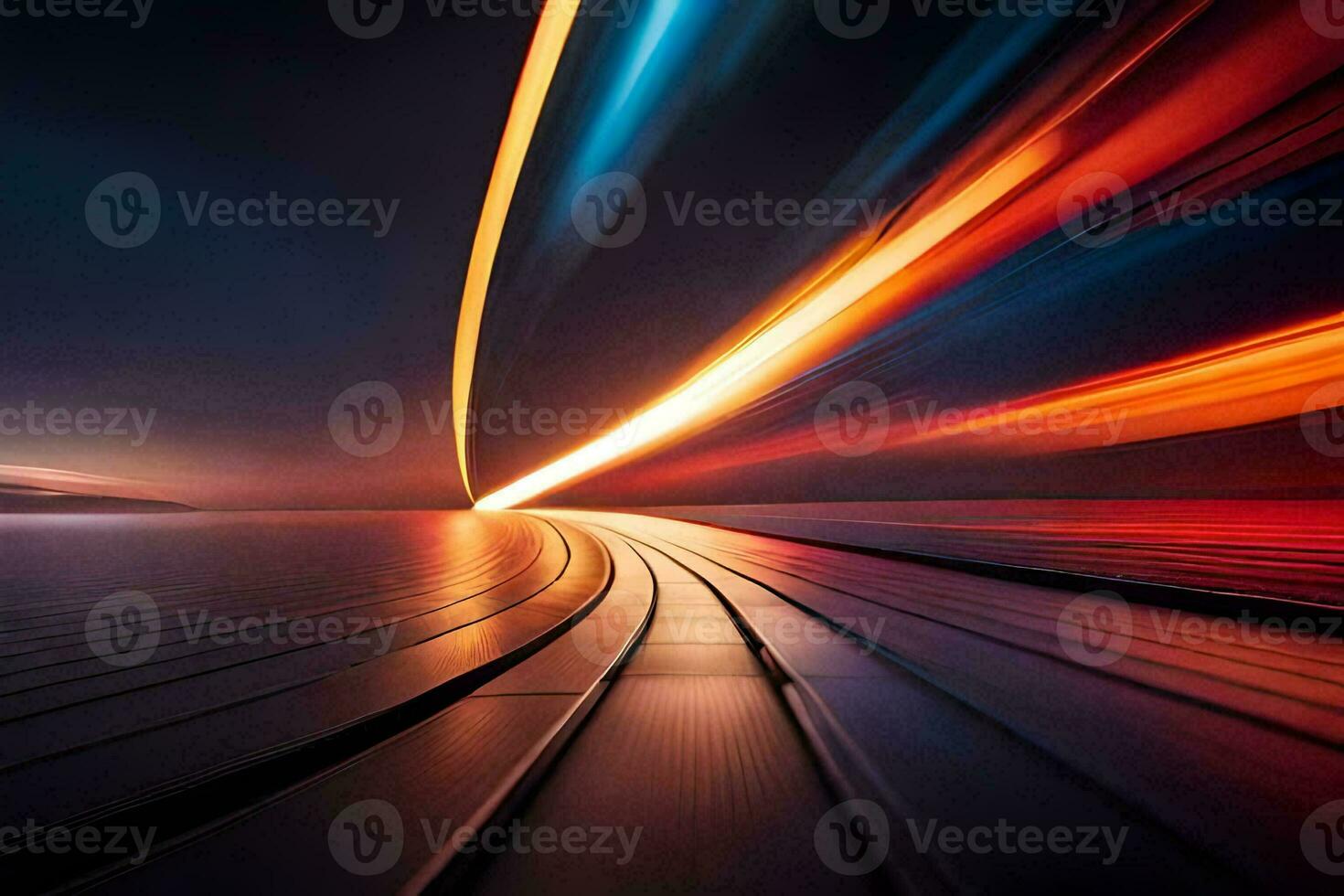 un' lungo esposizione fotografia di un' treno eccesso di velocità lungo un' traccia. ai-generato foto