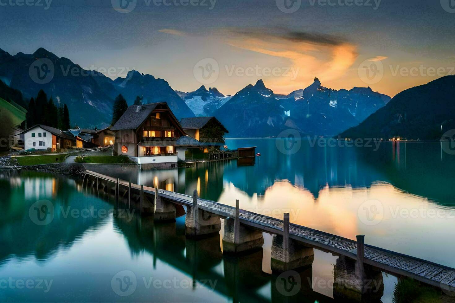 un' lago e un' di legno bacino a tramonto. ai-generato foto