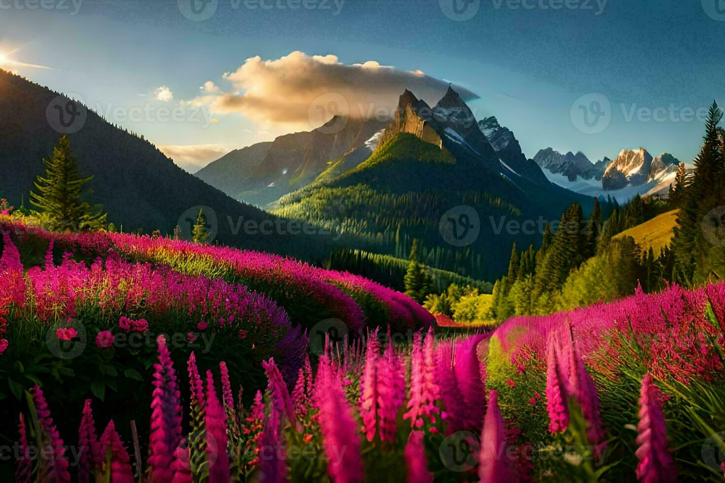 il sole brilla su il fiori nel il montagne. ai-generato foto