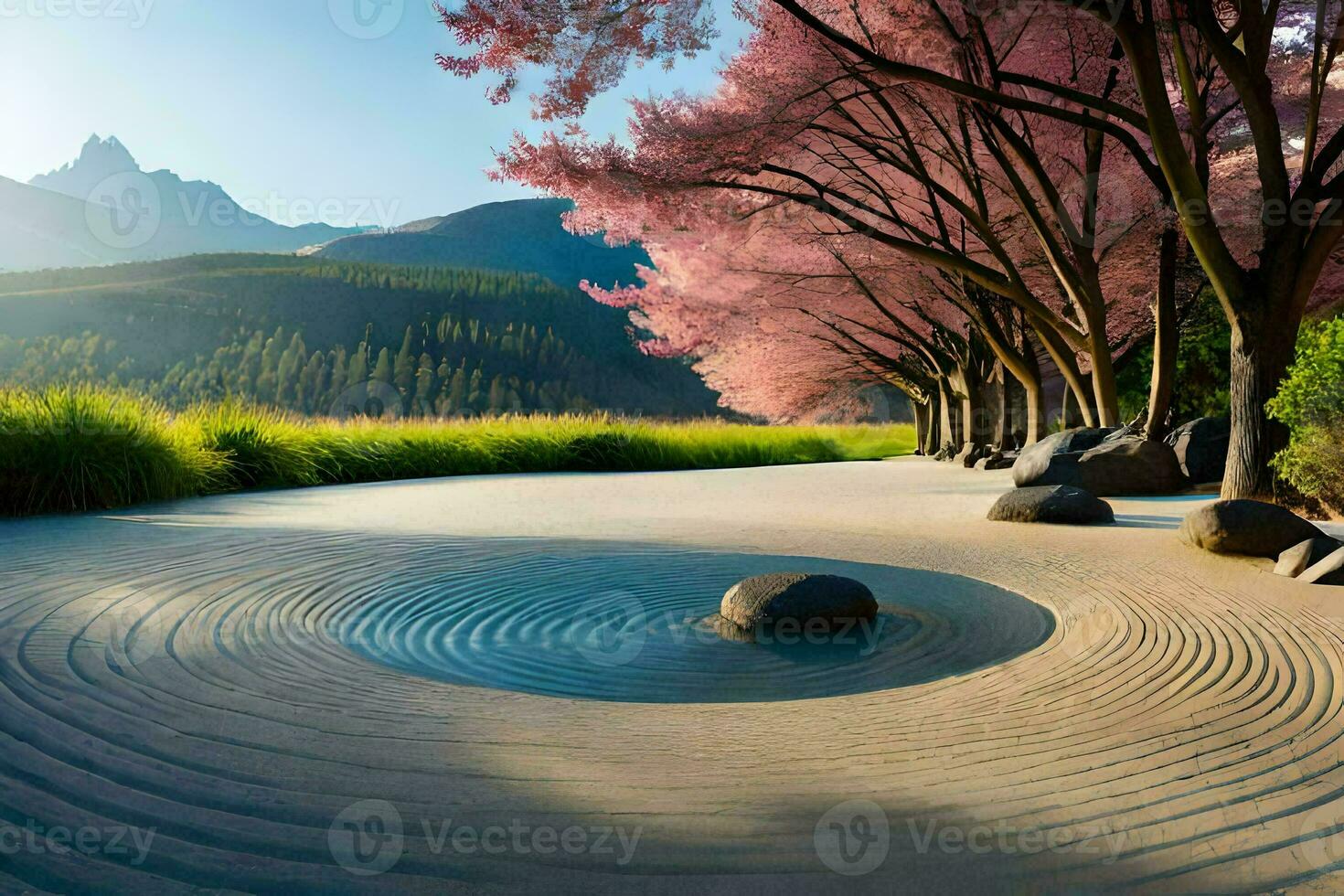 un' zen giardino con un' pietra sentiero e alberi. ai-generato foto