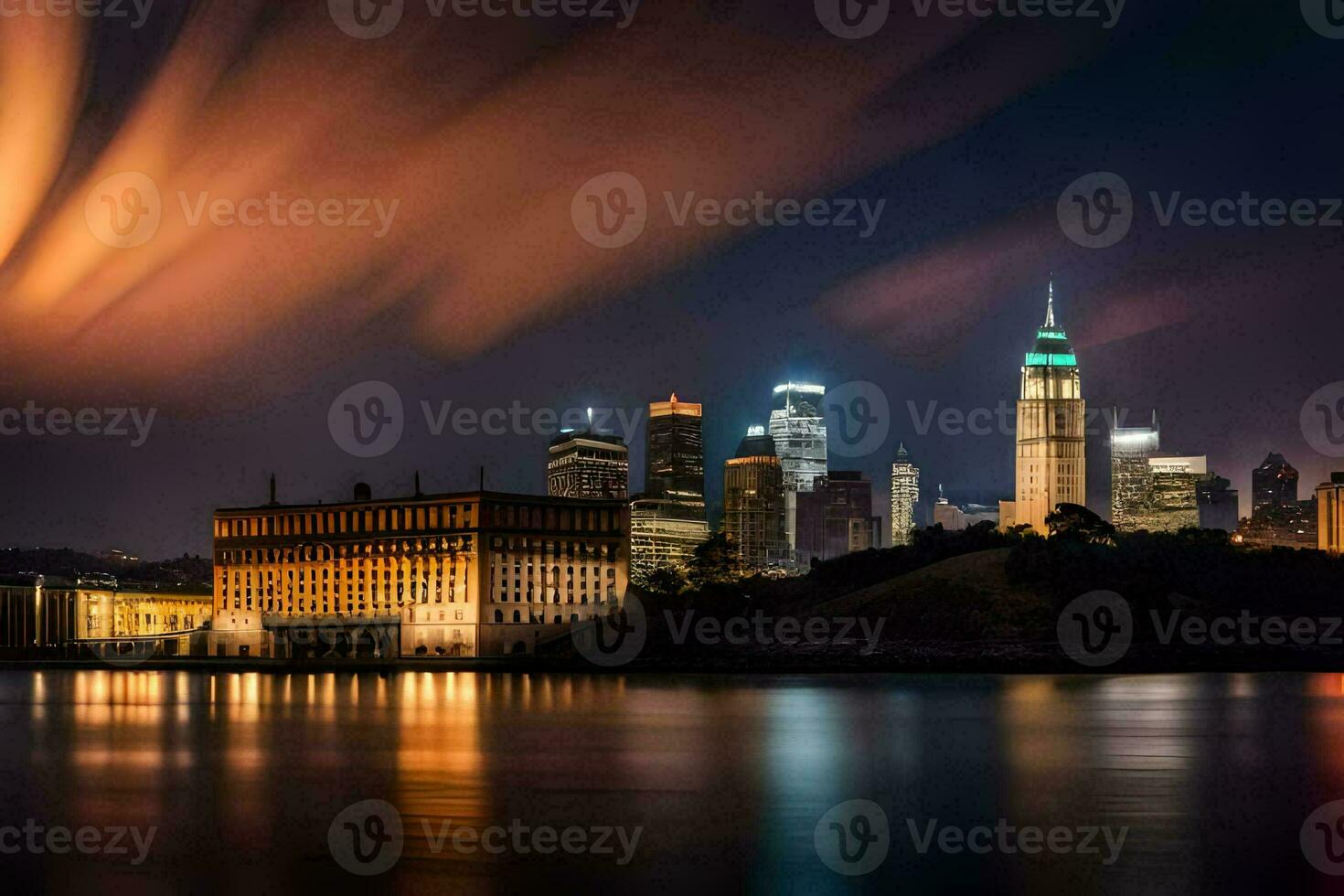 il città orizzonte a notte con nuvole riflettendo via il acqua. ai-generato foto