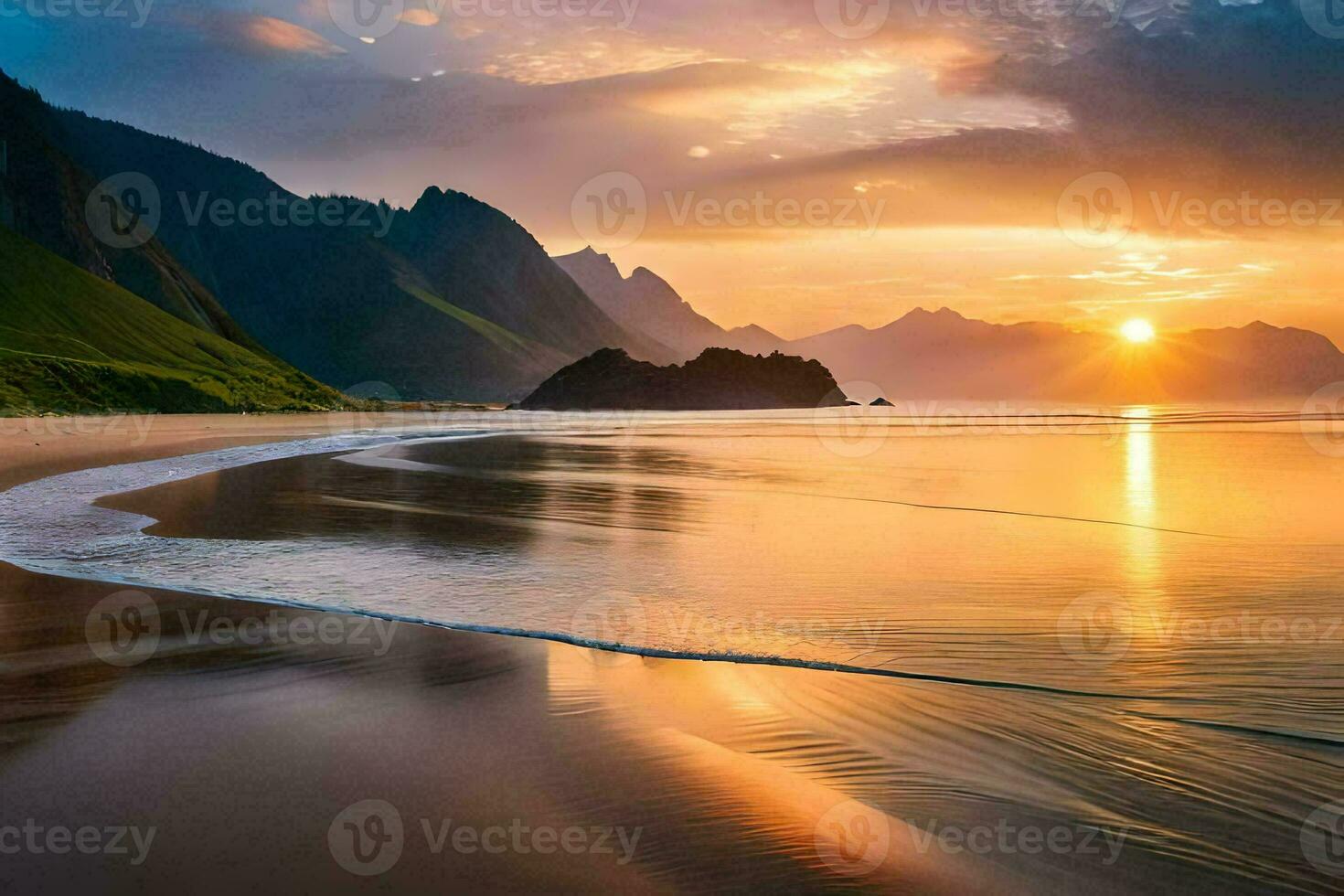 il sole imposta al di sopra di un' spiaggia e montagne. ai-generato foto