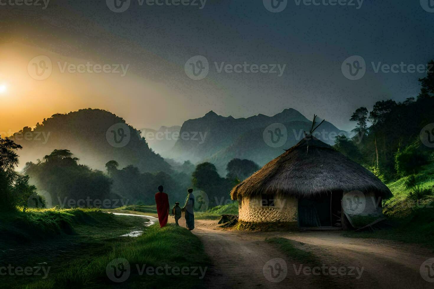 un' famiglia passeggiate giù un' sporco strada nel davanti di un' capanna. ai-generato foto