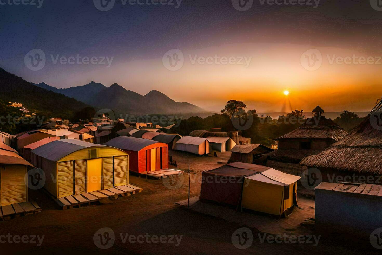 il sole imposta al di sopra di un' villaggio di capanne. ai-generato foto