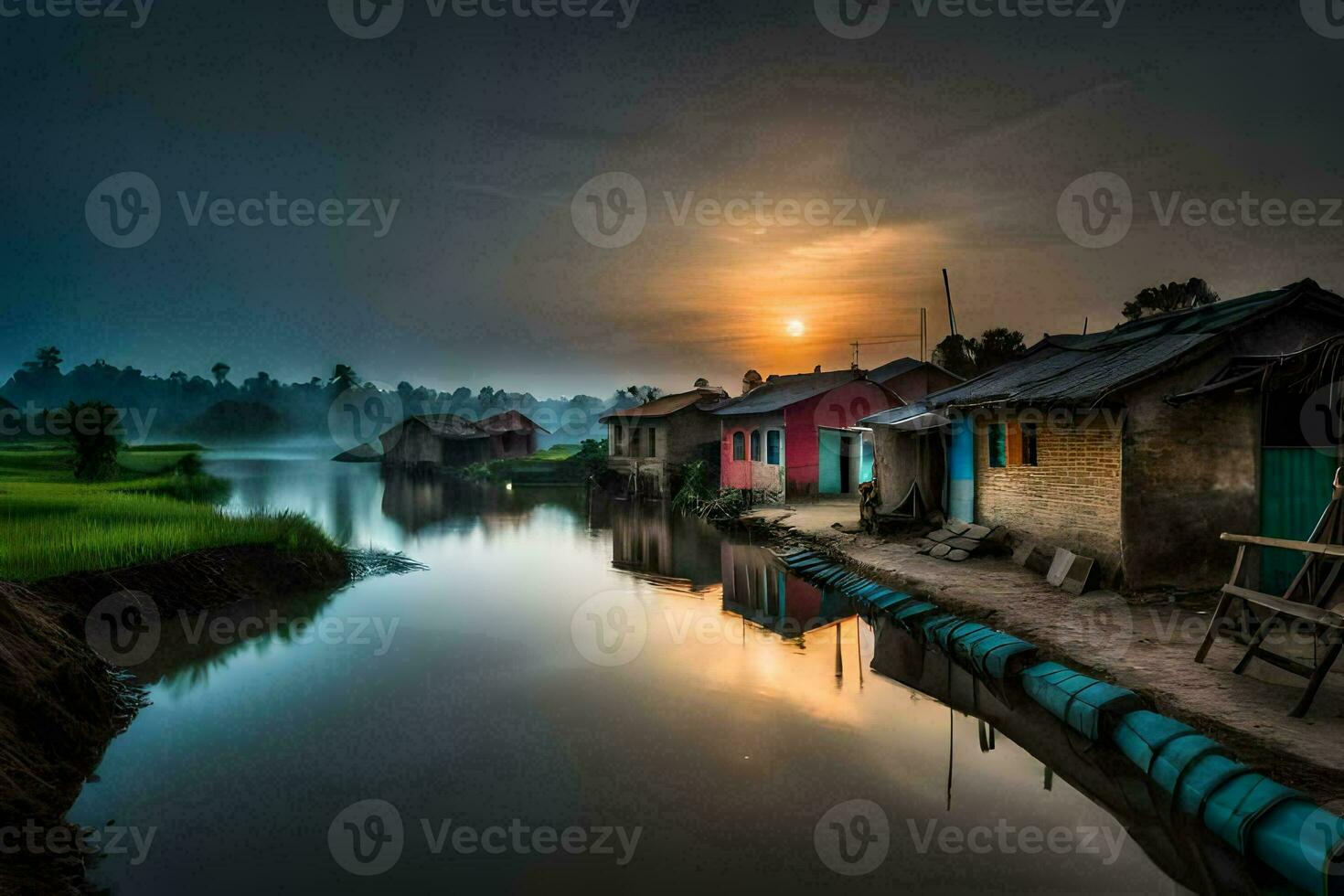 un' fiume nel il mezzo di un' villaggio a tramonto. ai-generato foto