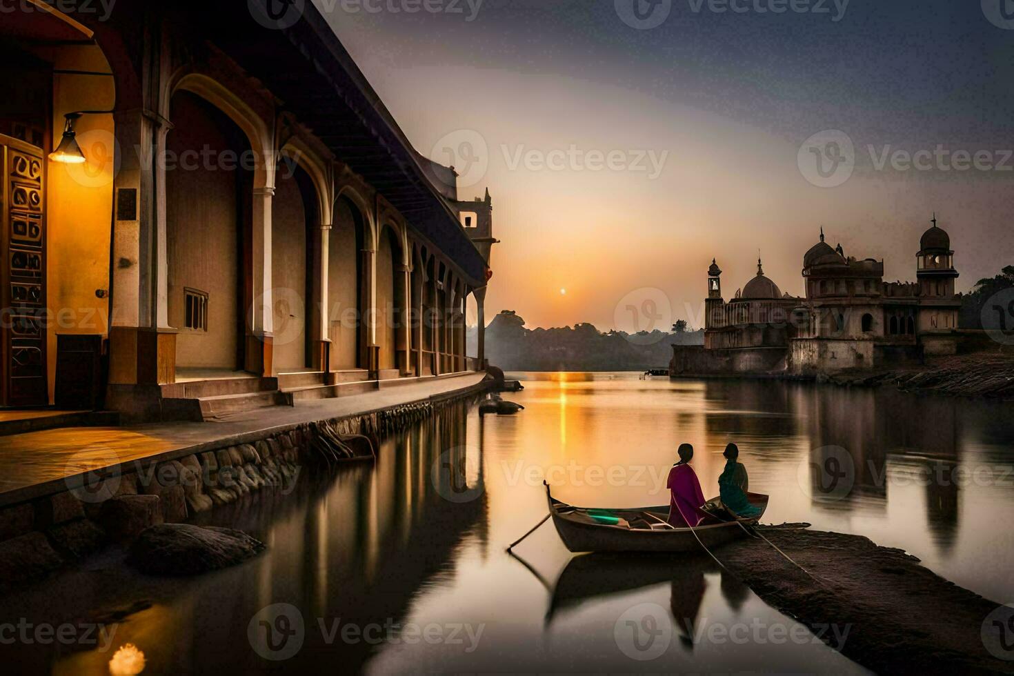Due persone nel un' barca su il fiume a tramonto. ai-generato foto