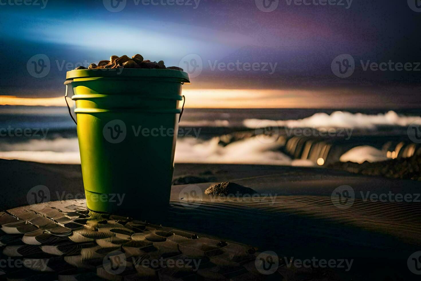 un' secchio di noccioline su il spiaggia a tramonto. ai-generato foto