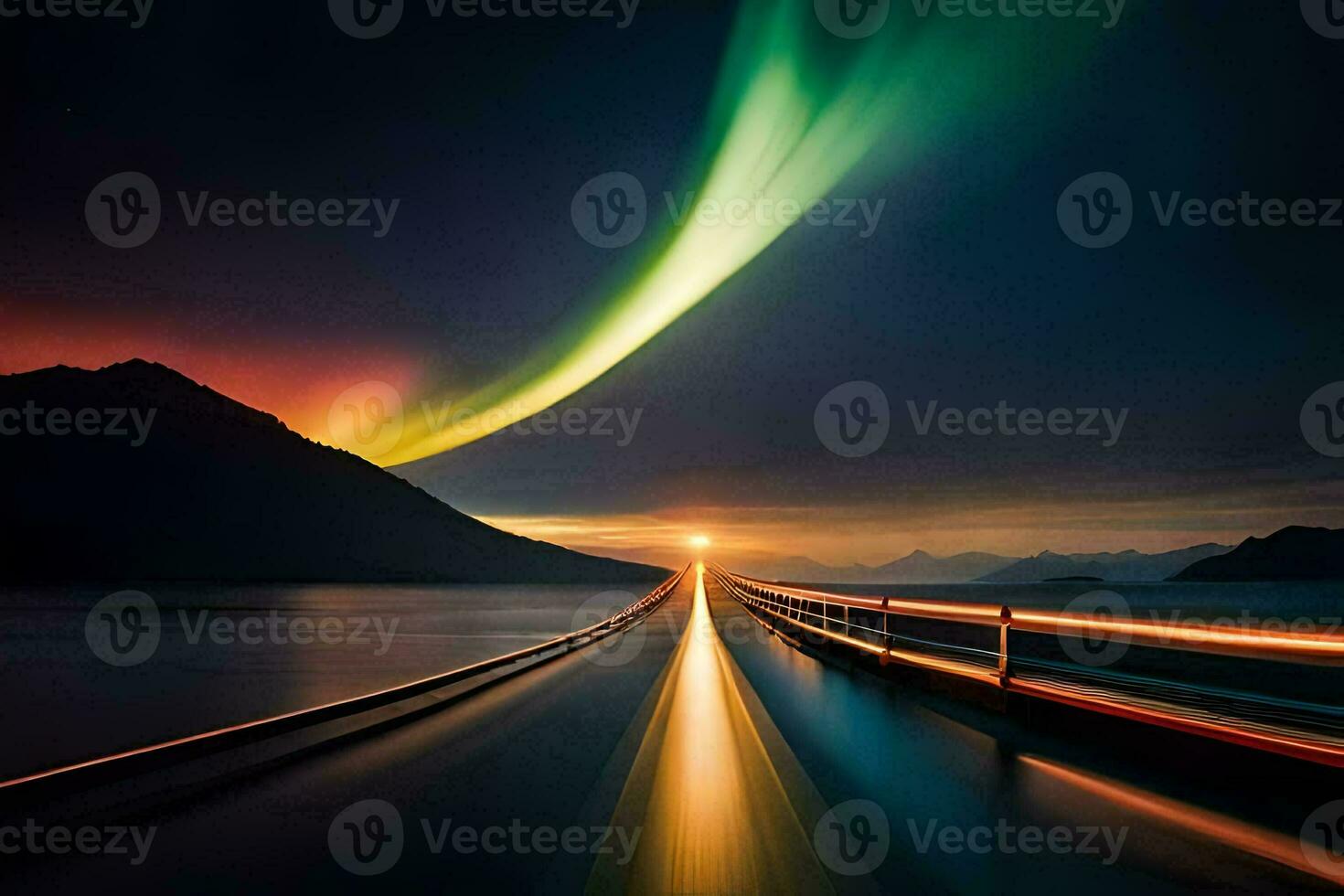 il aurora Borealis luci su il cielo al di sopra di un' ponte. ai-generato foto