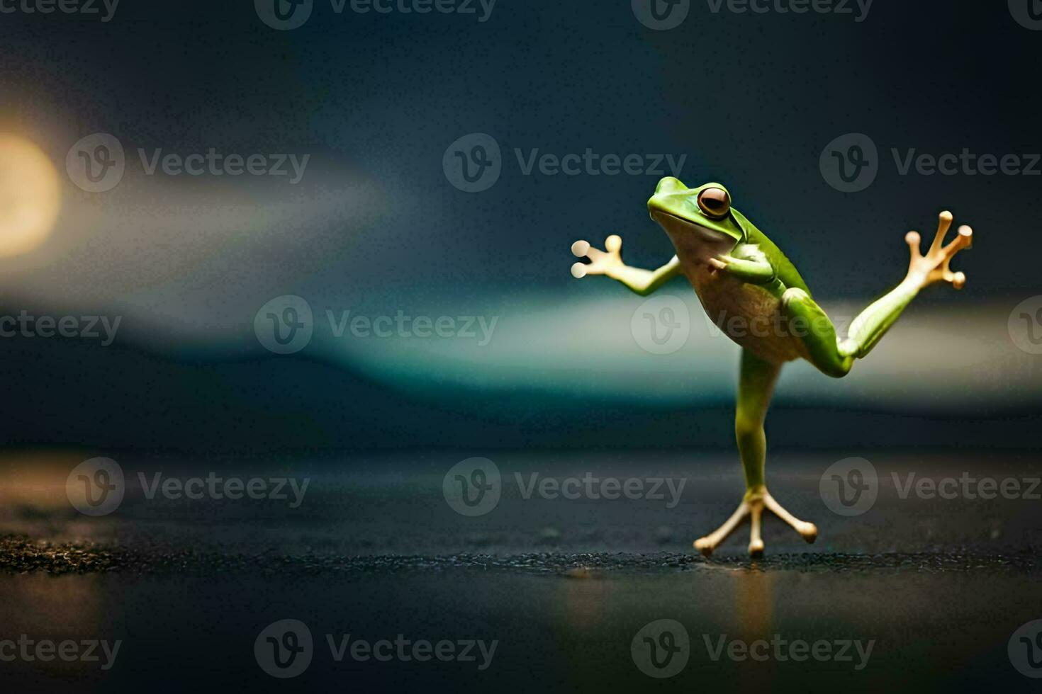 un' rana è in piedi su suo posteriore gambe nel il scuro. ai-generato foto