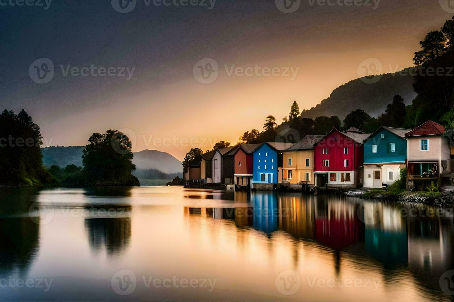 colorato case su il acqua a tramonto. ai-generato foto