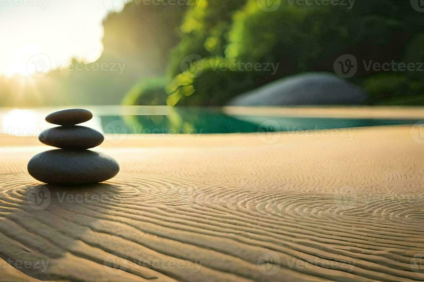 impilati pietre su il spiaggia a tramonto. ai-generato foto