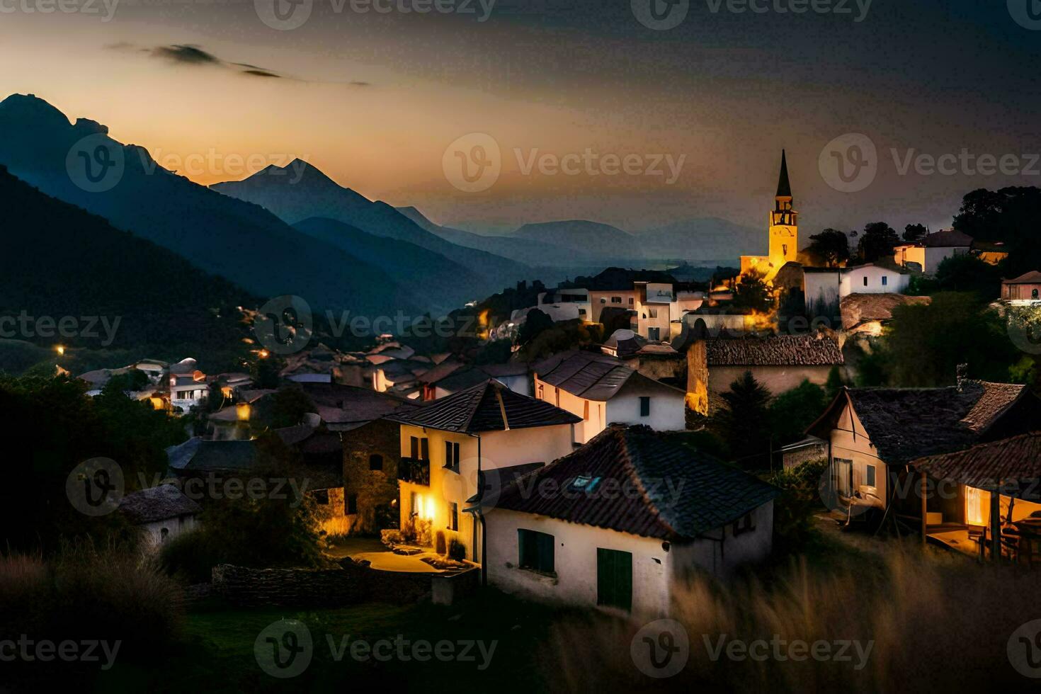foto sfondo il cielo, montagne, notte, il villaggio, Croazia, il villaggio,. ai-generato