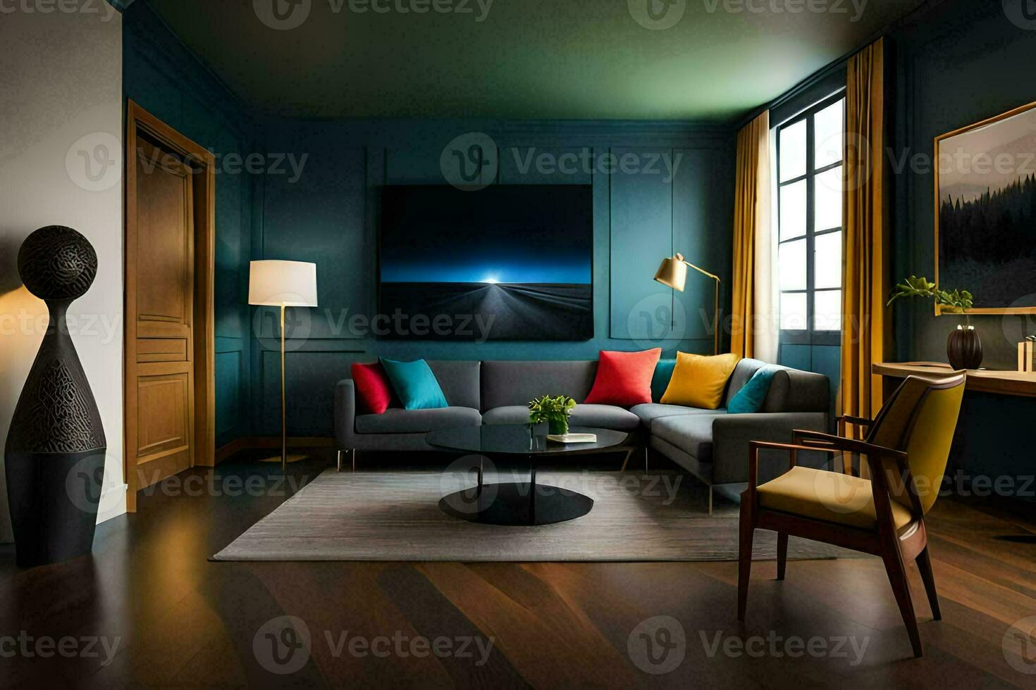 un' vivente camera con blu muri e legna piani. ai-generato foto