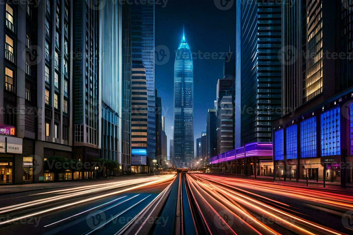un' città strada a notte con traffico luci. ai-generato foto