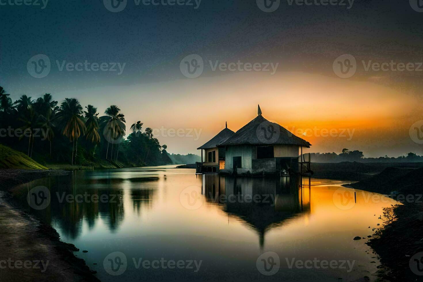 un' piccolo Casa si siede su il bordo di un' fiume a tramonto. ai-generato foto