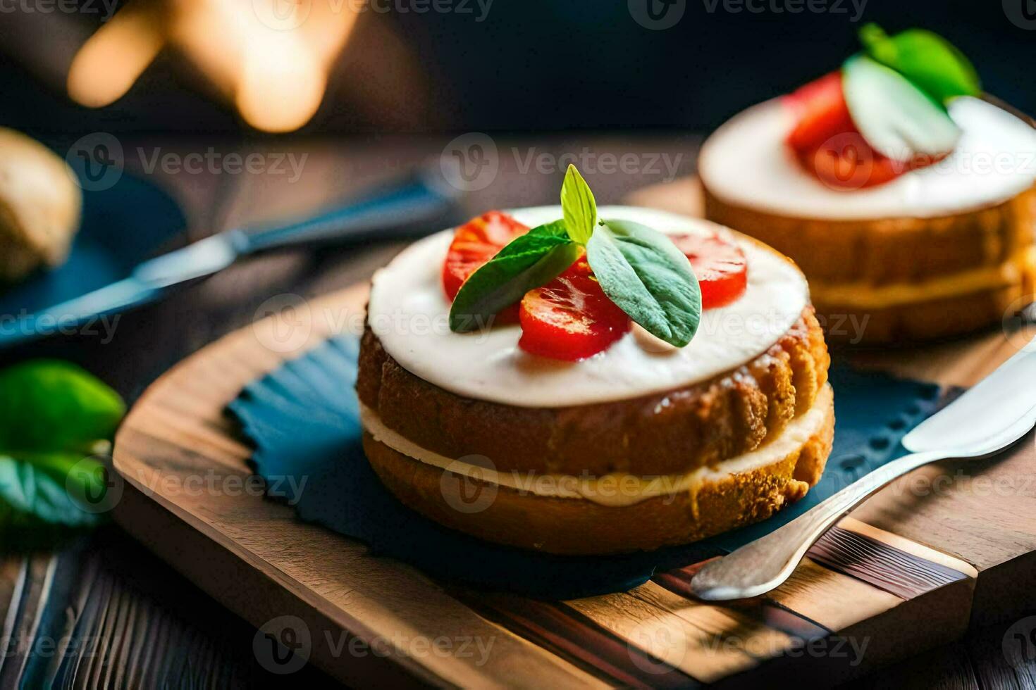 Due torte con pomodori e basilico su un' di legno taglio tavola. ai-generato foto