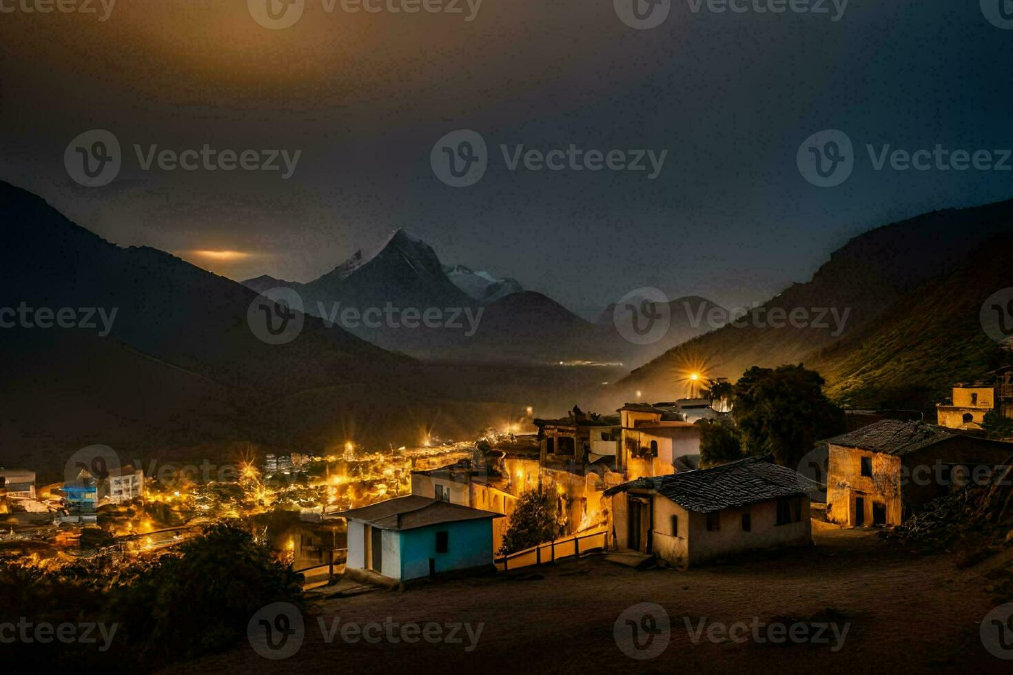 un' cittadina nel il montagne a notte. ai-generato foto