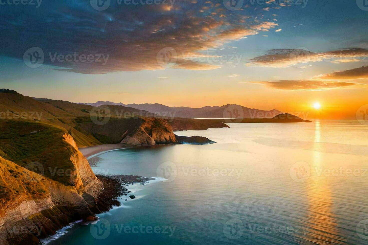 il sole imposta al di sopra di il oceano e colline nel Questo bellissimo paesaggio. ai-generato foto