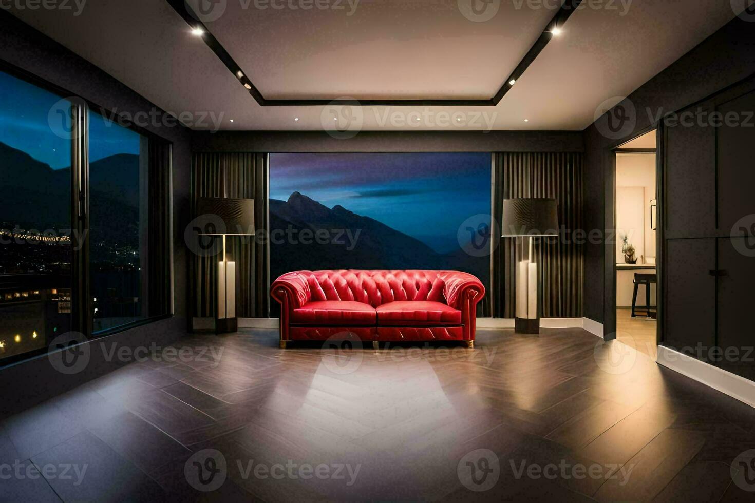 un' vivente camera con un' rosso divano e un' Visualizza di il montagne. ai-generato foto