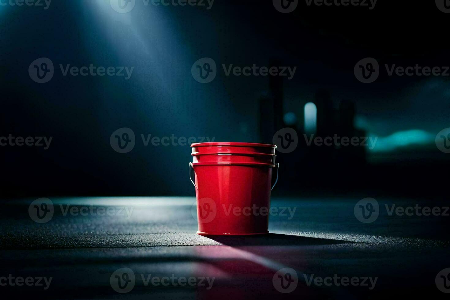 un' rosso secchio seduta su il pavimento nel davanti di un' buio sfondo. ai-generato foto