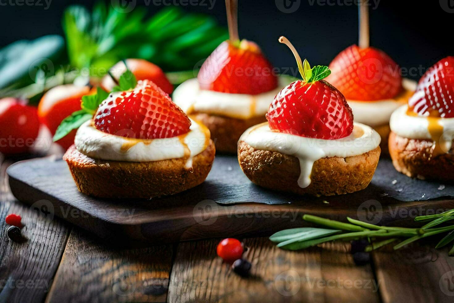 piccolo torte con fragole e crema su un' di legno tavola. ai-generato foto