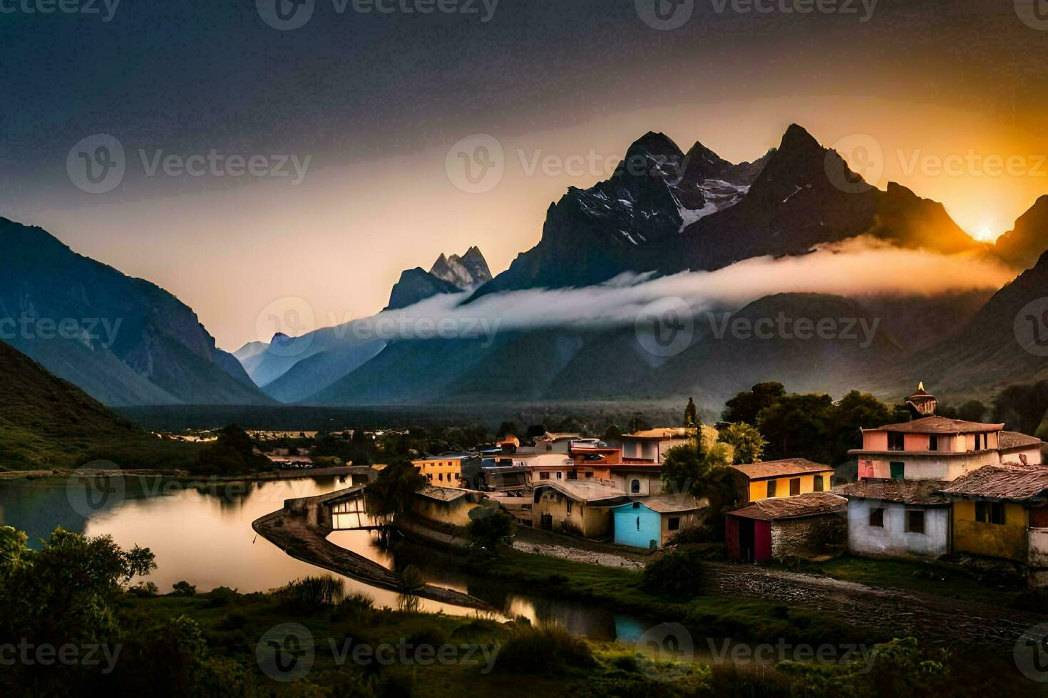 un' villaggio nel il montagne a tramonto. ai-generato foto