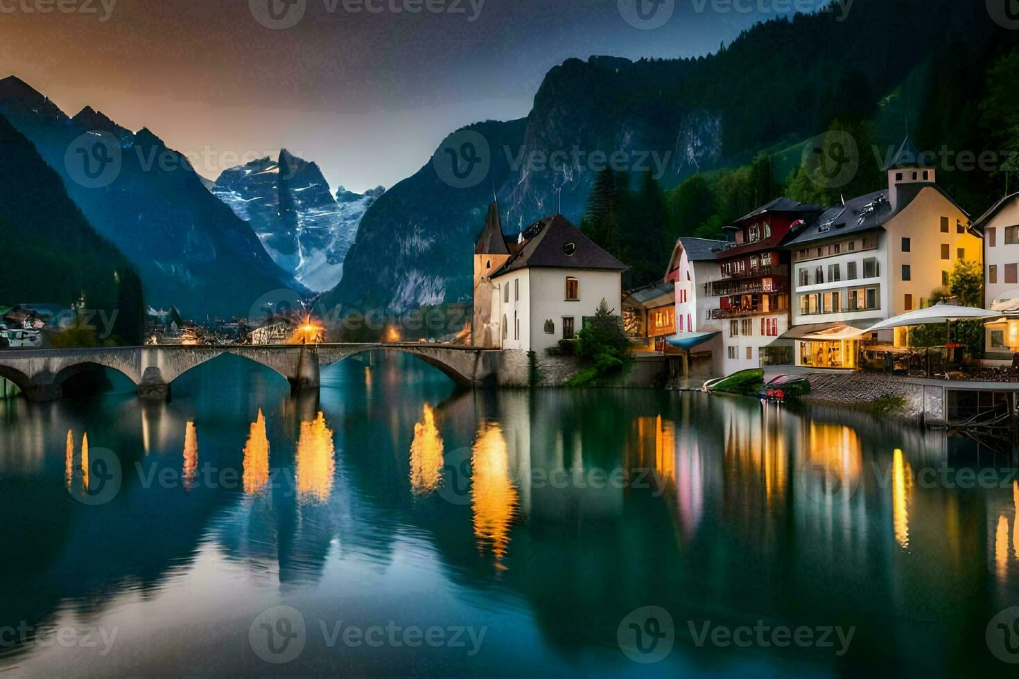 il cittadina di Hallstatt, Austria, a crepuscolo. ai-generato foto