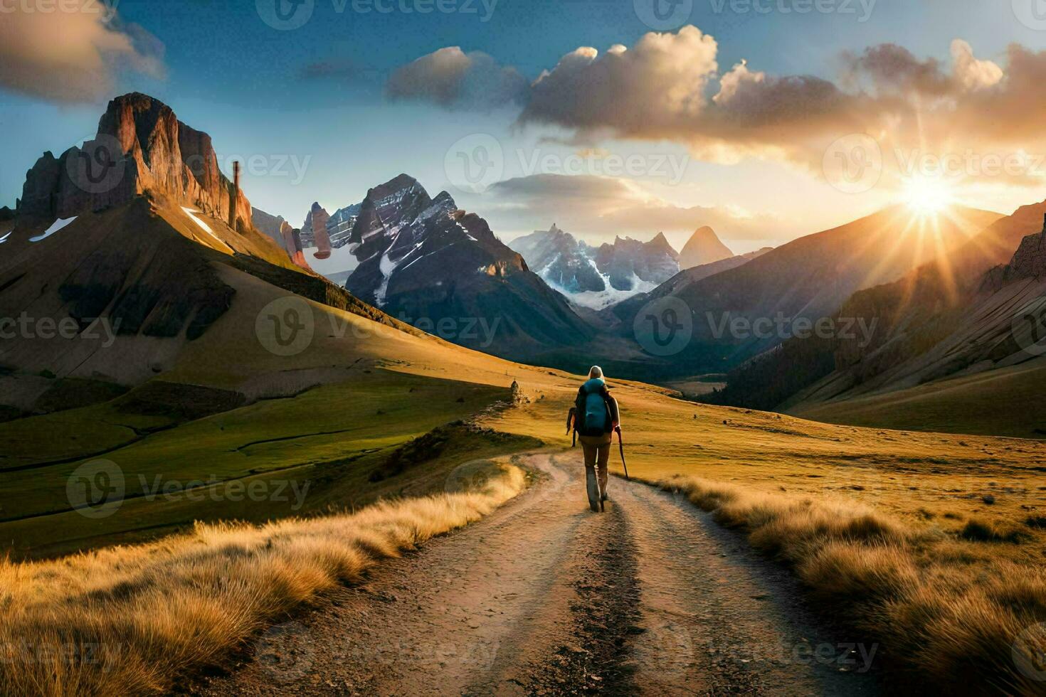 un' uomo passeggiate su un' sporco strada nel il montagne. ai-generato foto