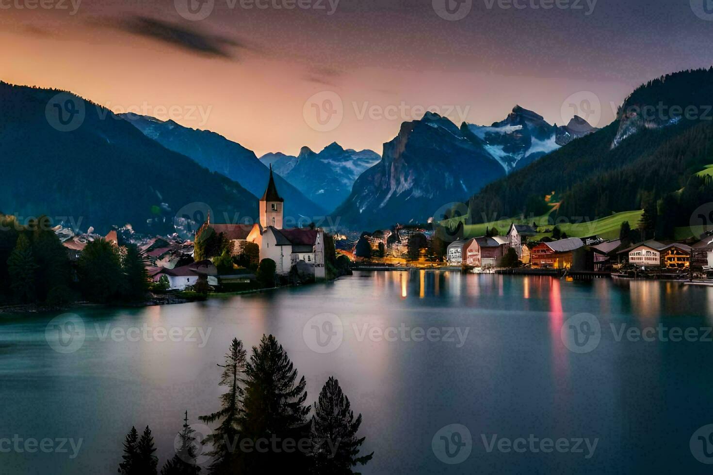 un' cittadina si siede su il bordo di un' lago circondato di montagne. ai-generato foto