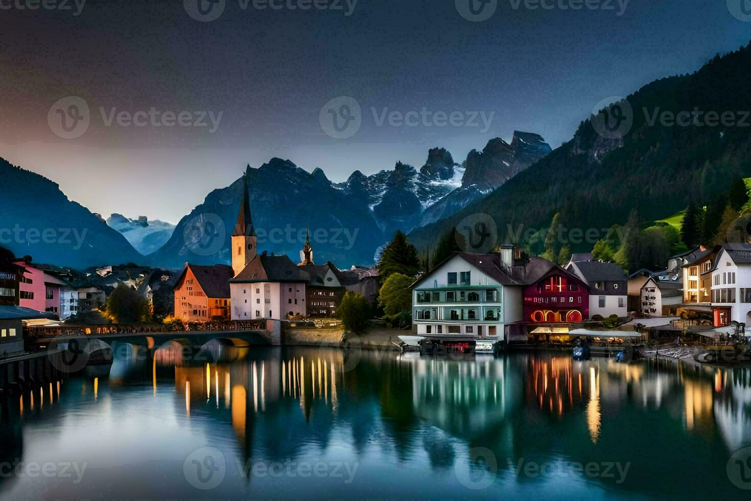 foto sfondo il cielo, montagne, lago, cittadina, Casa, Casa, Casa, casa,. ai-generato