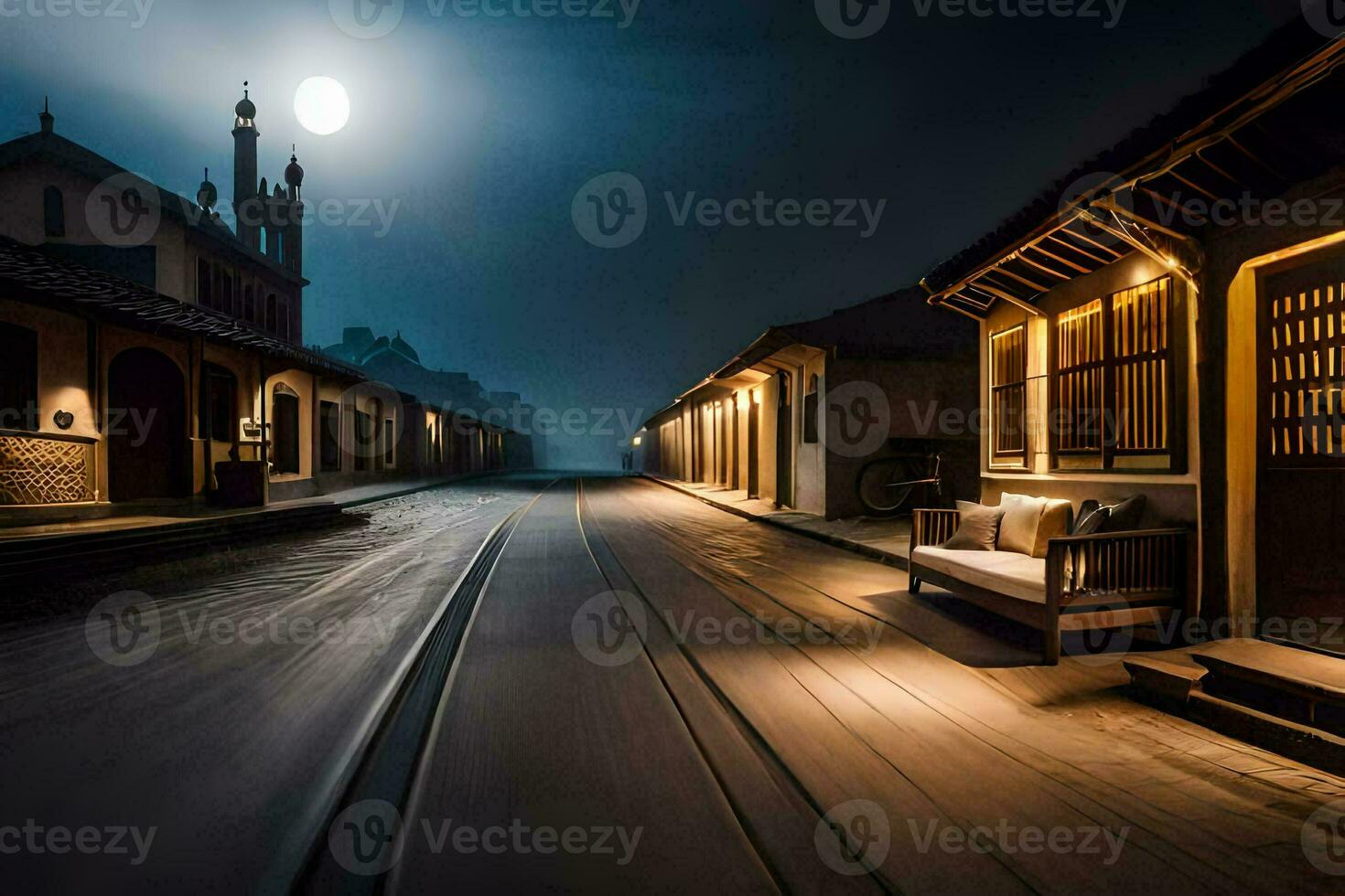 un' strada a notte con un' treno traccia e panchine. ai-generato foto