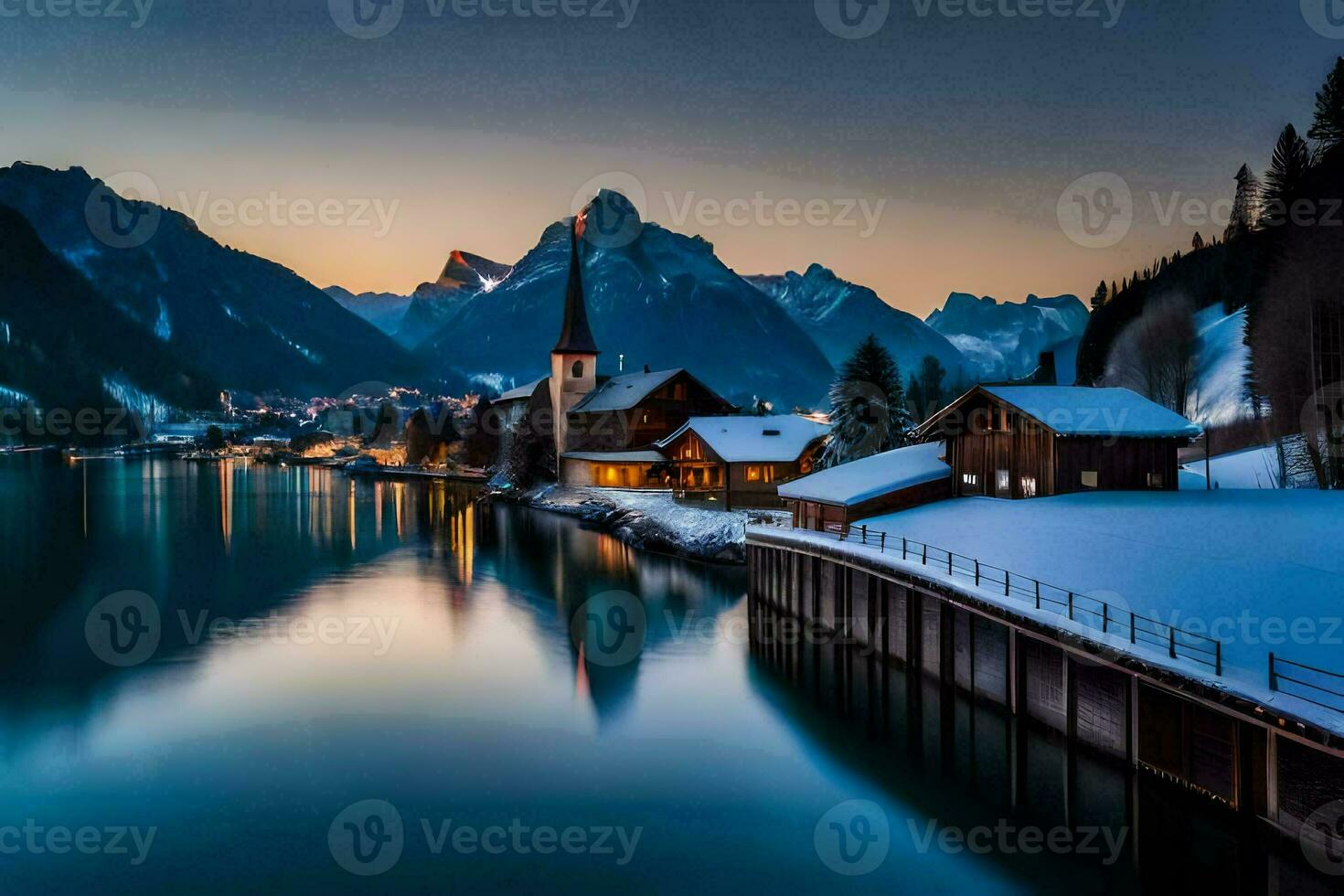 un' lago e un' montagna villaggio a tramonto. ai-generato foto