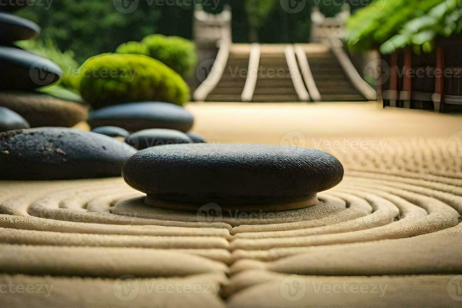 un' zen giardino con rocce e un' pietra sentiero. ai-generato foto