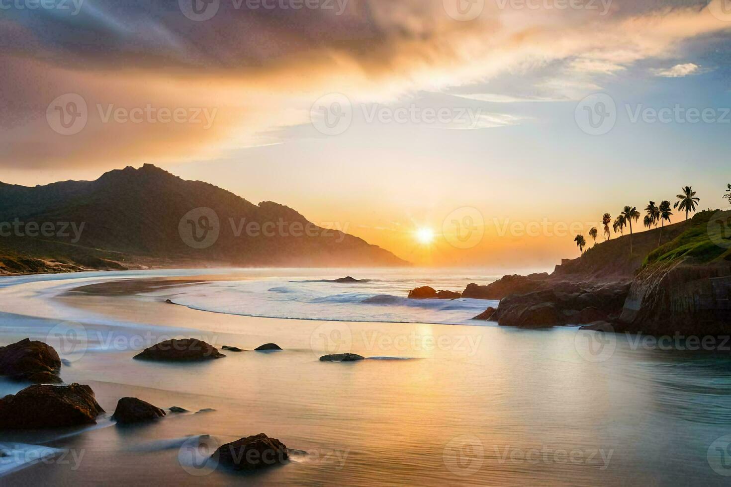 il sole sorge al di sopra di il oceano nel il sfondo. ai-generato foto