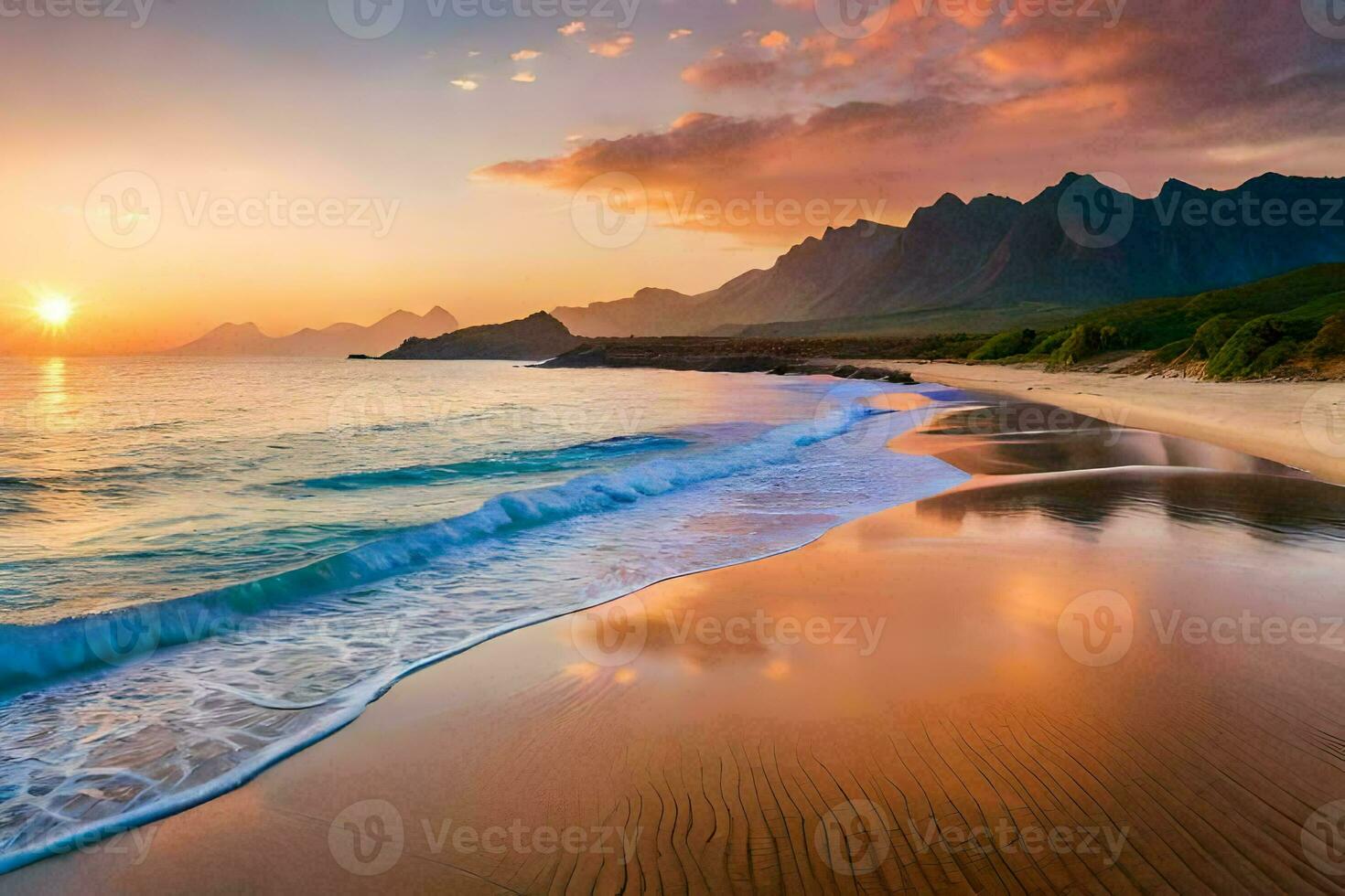 il spiaggia, il cielo, il montagne, il oceano, il spiaggia, il cielo, il. ai-generato foto