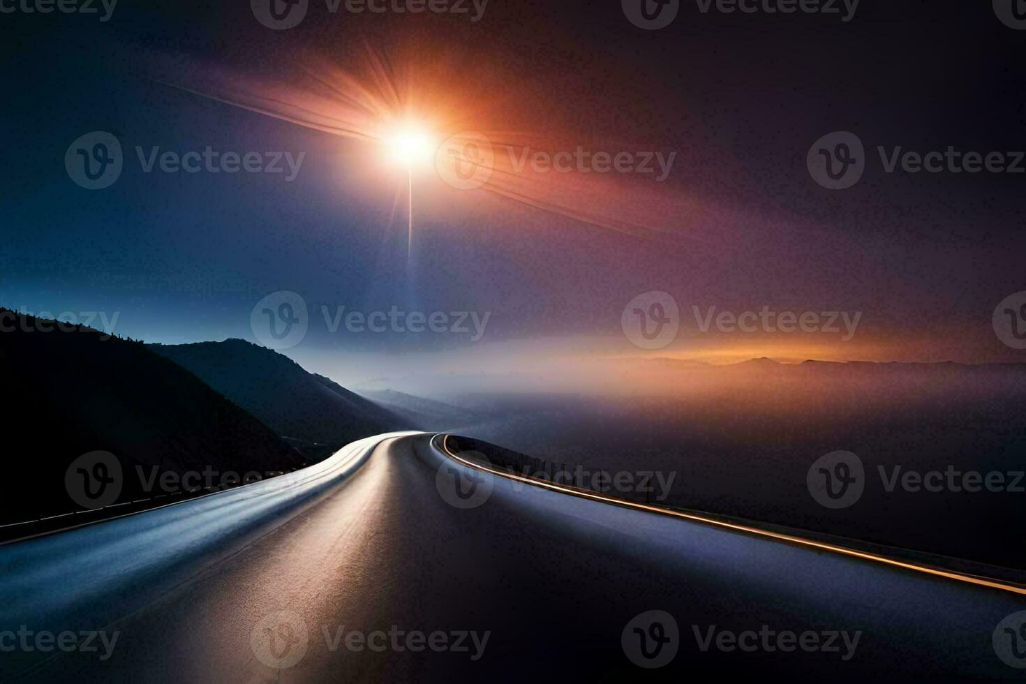 un' lungo strada con il sole splendente nel il distanza. ai-generato foto