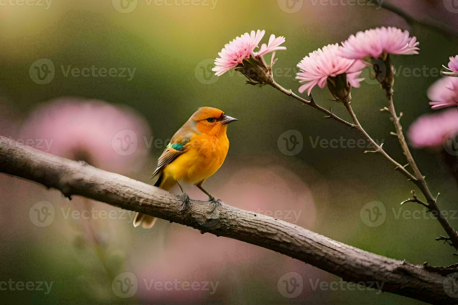 un' piccolo arancia uccello è seduta su un' ramo con rosa fiori. ai-generato foto