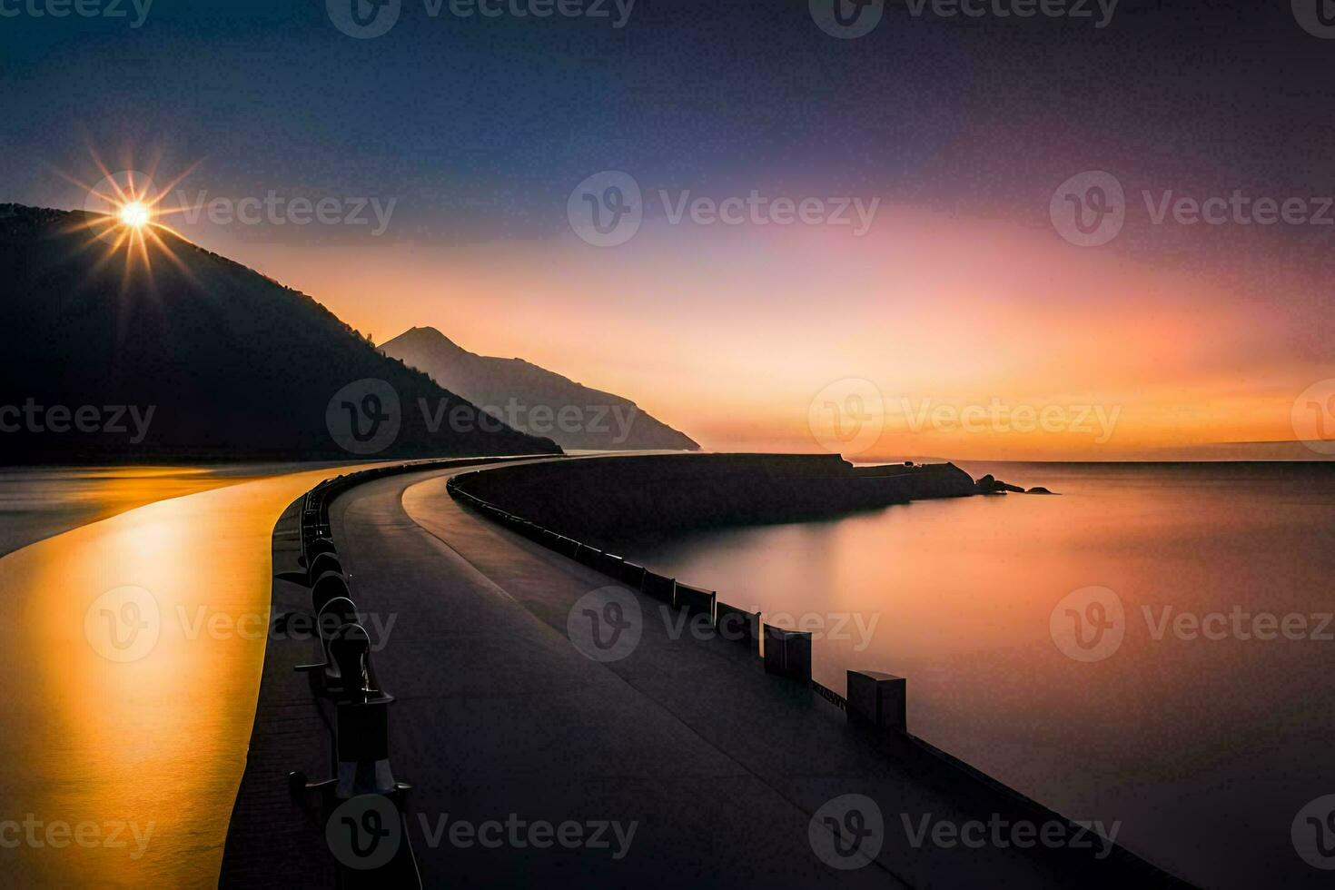 il sole sorge al di sopra di il oceano e montagne. ai-generato foto