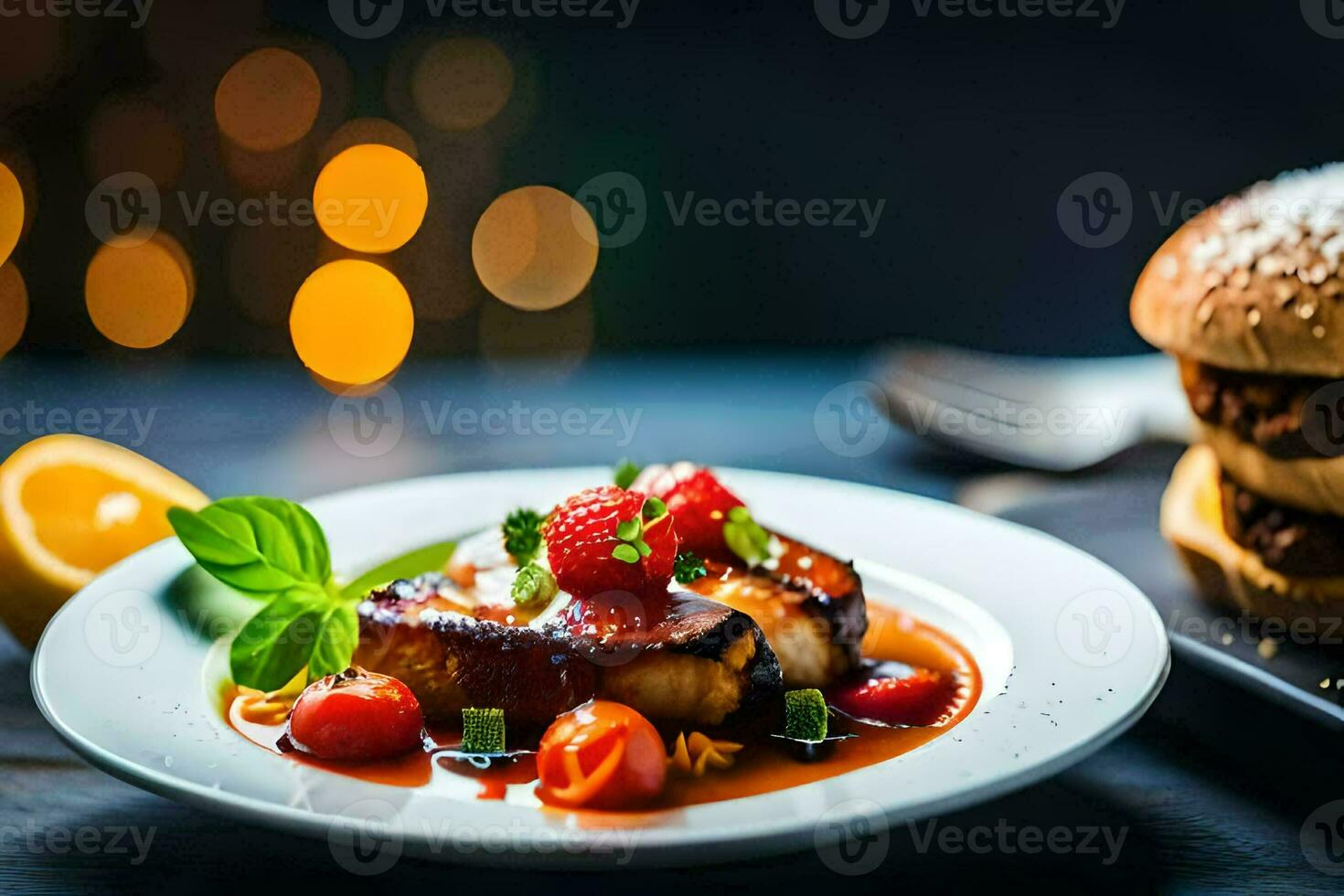 un' piatto di cibo con un' hamburger e un' fragola. ai-generato foto