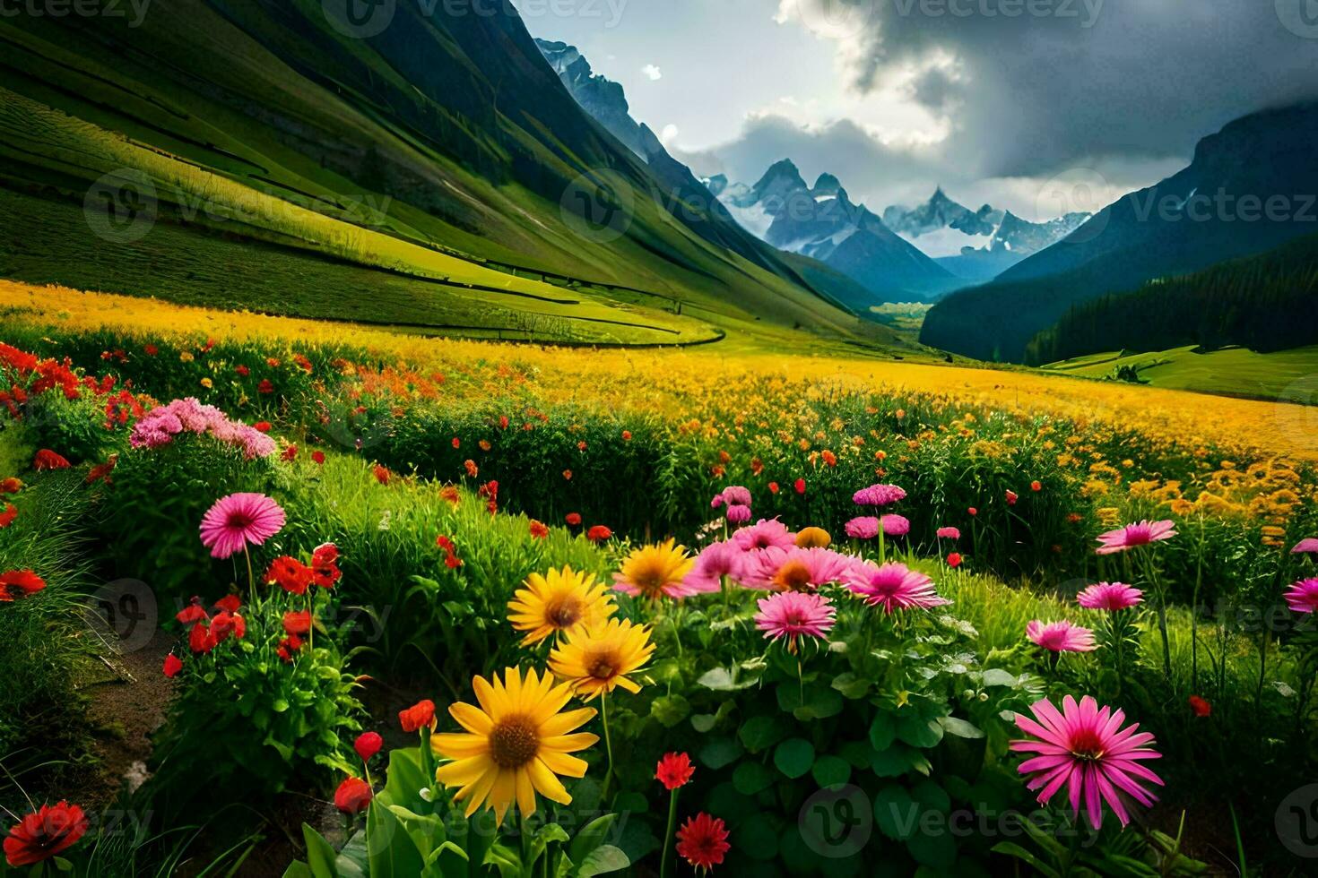 un' bellissimo campo di fiori nel il montagne. ai-generato foto