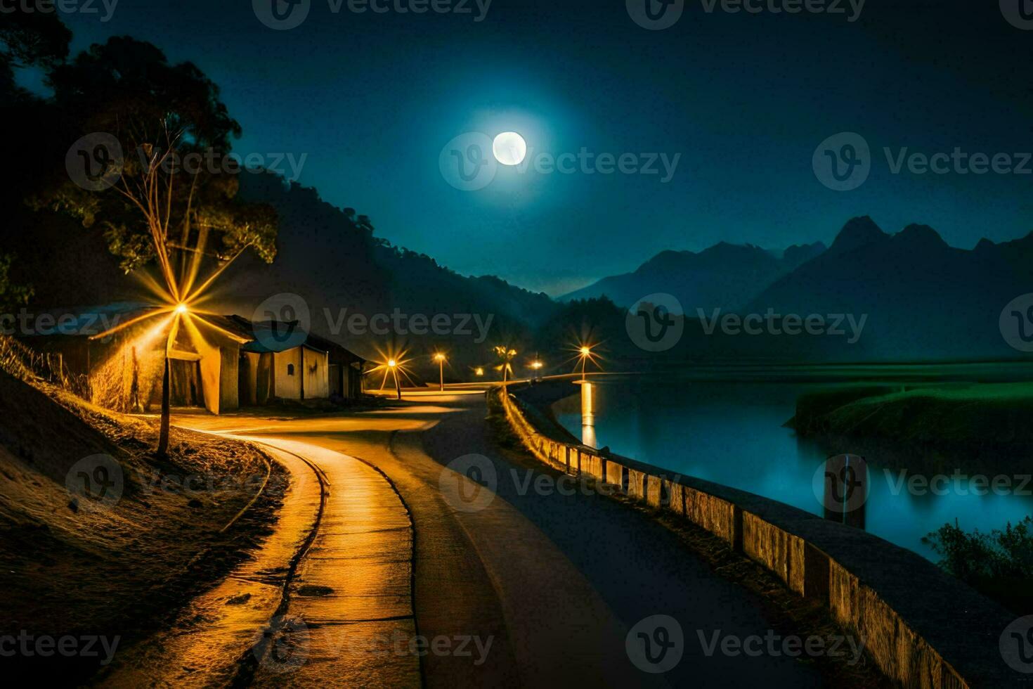 foto sfondo il Luna, strada, notte, fiume, montagne, Casa, Casa, il Luna. ai-generato