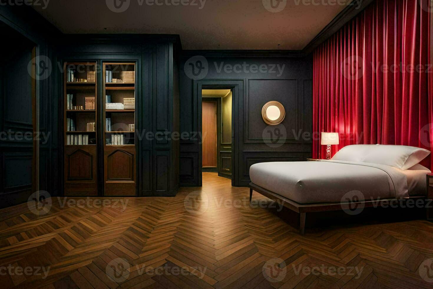 un' Camera da letto con un' rosso tenda e di legno piani. ai-generato foto