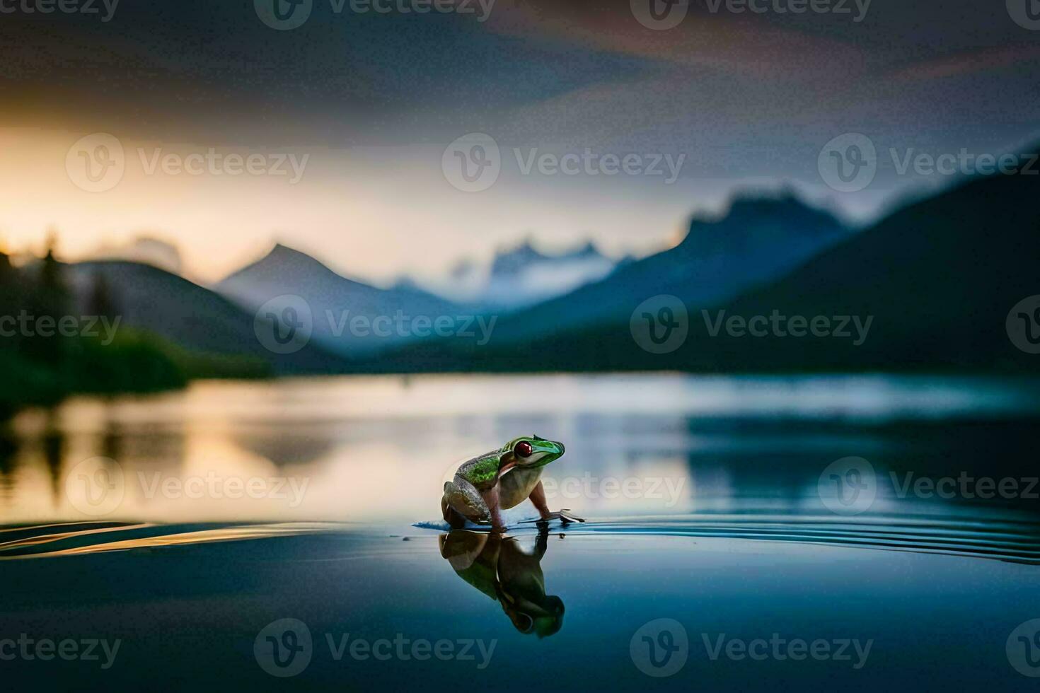 un' rana seduta su il bordo di un' lago a tramonto. ai-generato foto