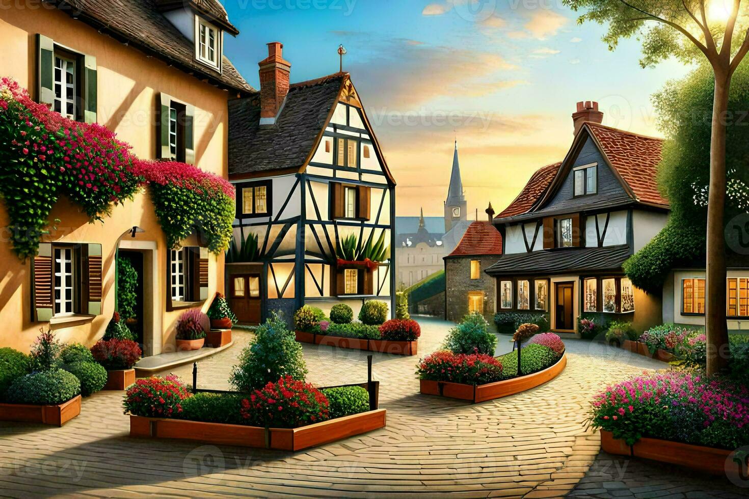 un' pittura di un' strada con fiori e case. ai-generato foto