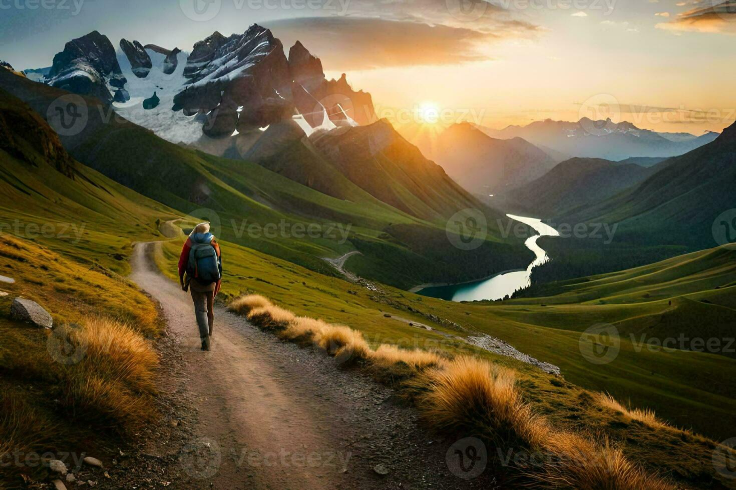 un' uomo passeggiate su un' sentiero nel il montagne. ai-generato foto