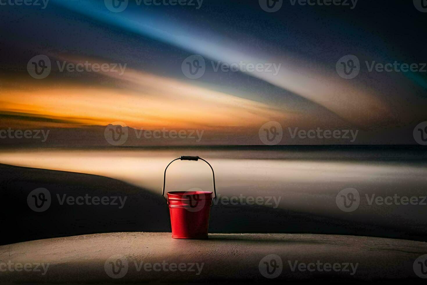 un' rosso secchio si siede su il bordo di un' spiaggia a tramonto. ai-generato foto